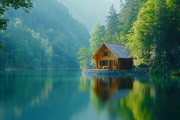 A Cozy Wooden Cabin Situated Beside a Tranquil Clear Lake