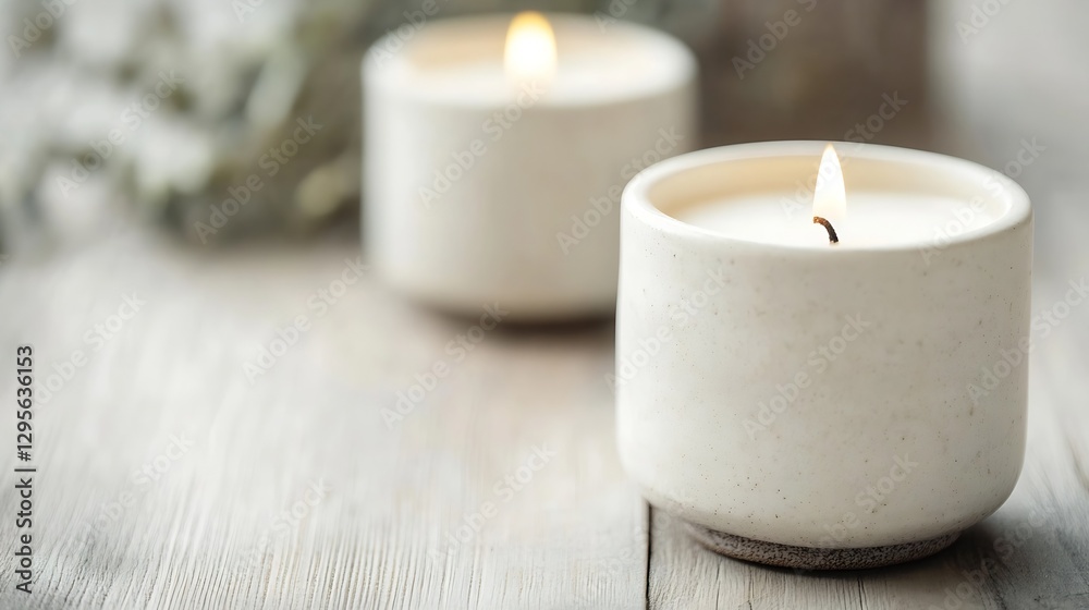 Poster Aromatic candles in soft light on wooden surface creating a calming and cozy atmosphere at home : Generative AI