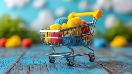 Vibrant Mini Shopping Cart Filled with Colorful Cotton Balls on a Rustic Wooden Surface Against a Bright Blue Background