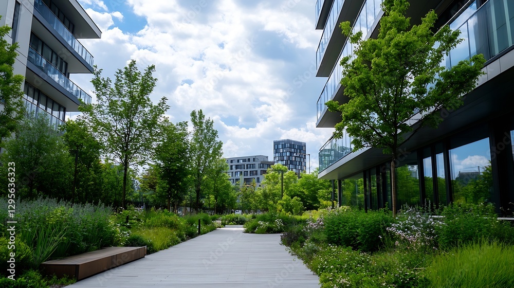 Poster a beautiful urban garden scene featuring a walkable path lined with lush greenery and modern archite