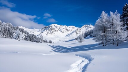 Breathtaking winter landscape with snow-covered mountains and bright blue sky showcasing a serene environment : Generative AI