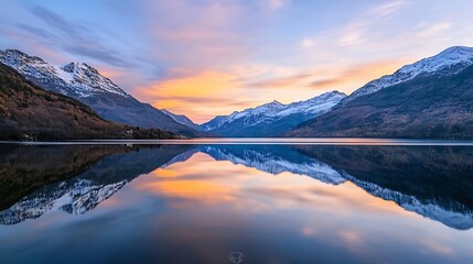 Fototapeta premium Serene Mountain Landscape Reflected In Calm Lake During Sunset : Generative AI