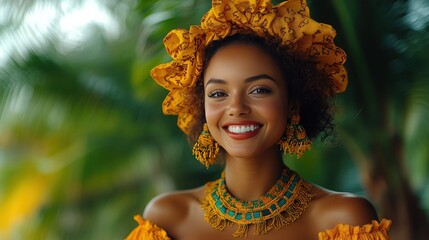 Vibrant Smiling Woman in Colorful Traditional Attire Surrounded by Lush Greenery in a Tropical Setting Showcasing Cultural Heritage and Joyful Expression