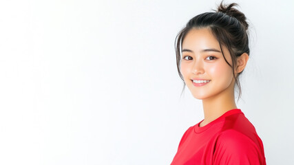 Japanese happy woman wearing red apparel smiling isolated on white background
