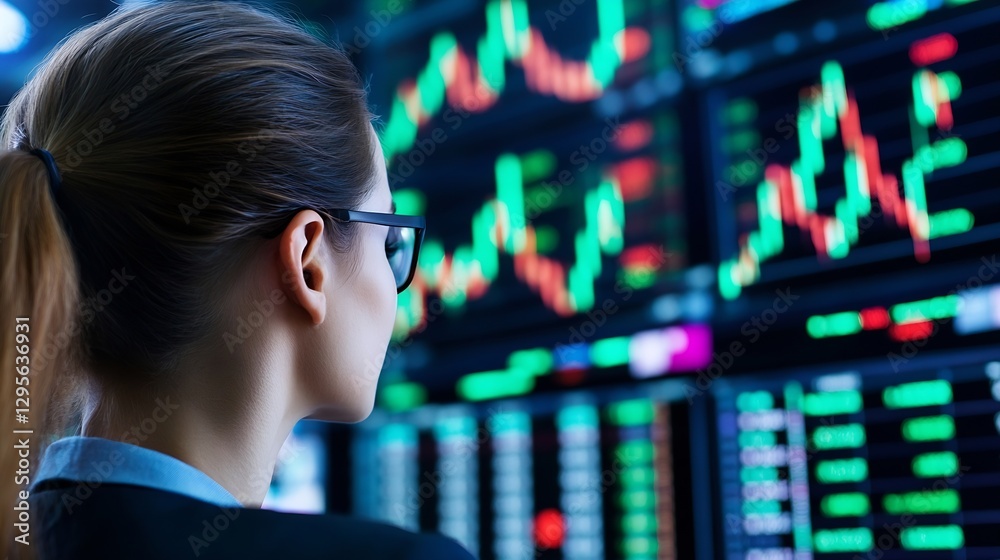 Poster businesswoman analyzing stock market data on multiple digital screens : generative ai