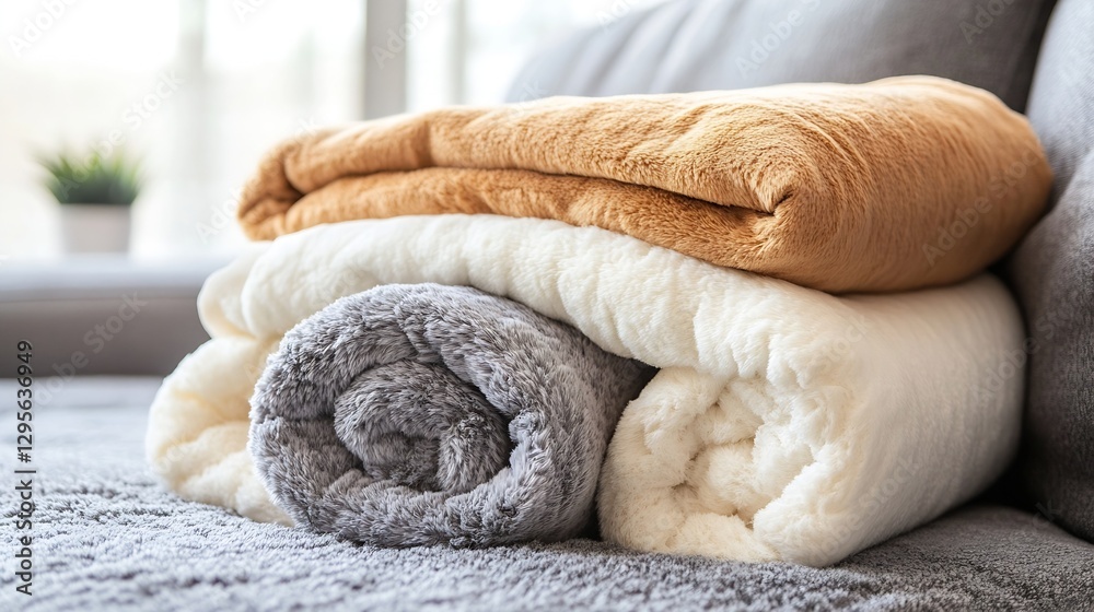 Poster soft cozy blankets piled neatly on a couch conveying comfort and warmth for homely feel : generative