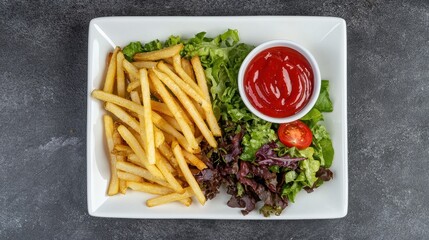 Fresh Salad and Crispy French Fries with Ketchup Sauce Presentation