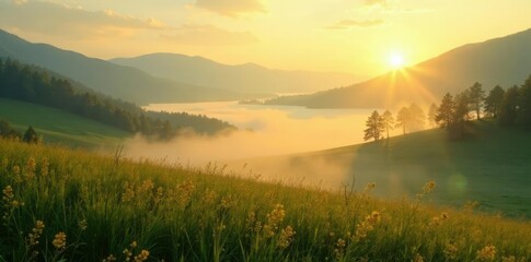 Obraz premium Gentle golden mist floats above serene landscape, nature scene, atmospheric conditions