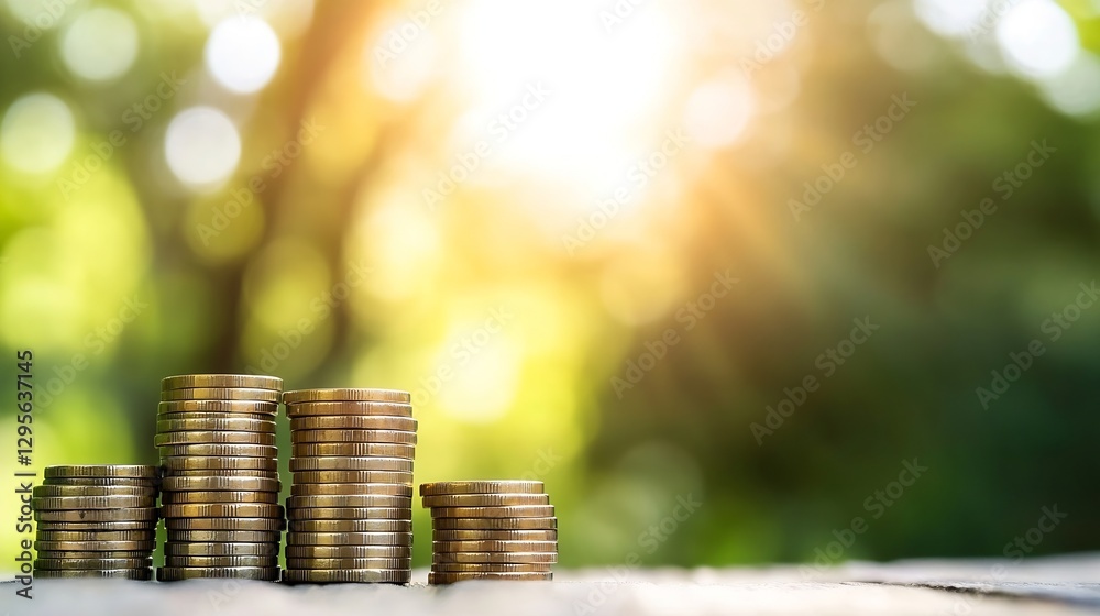 Poster Piles of shiny coins stacked on a wooden surface with a soft sunlight background : Generative AI