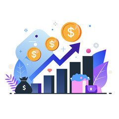 Naklejka premium Financial growth illustration with vibrant color palette. Increasing graph with dollar coins, a money bag and a business setting, showcasing success and profit.