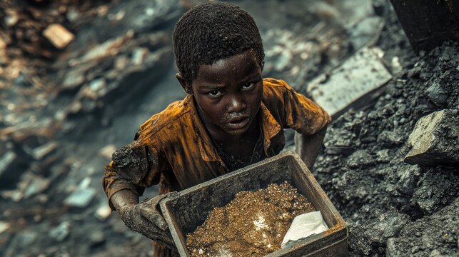 A child laborer in artisanal mining, holding a container of mined materials, highlighting the harsh conditions and exploitation in small-scale mining operations.