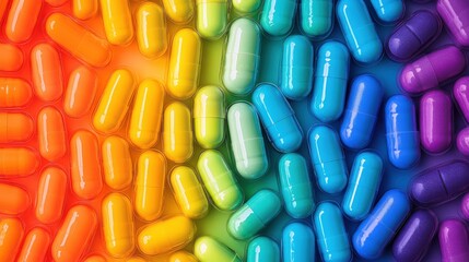 Colorful Capsules in Vibrant Rainbow Arrangement Showcasing Pharmaceutical Diversity and Healthcare Concepts