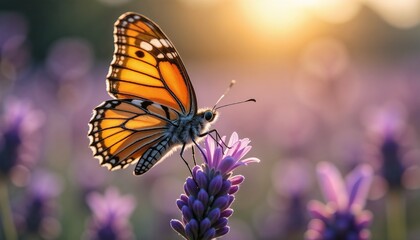 Obraz premium Monarch Butterfly with Orange Wings Delicate Mood Represents Nature Against Lavender Background