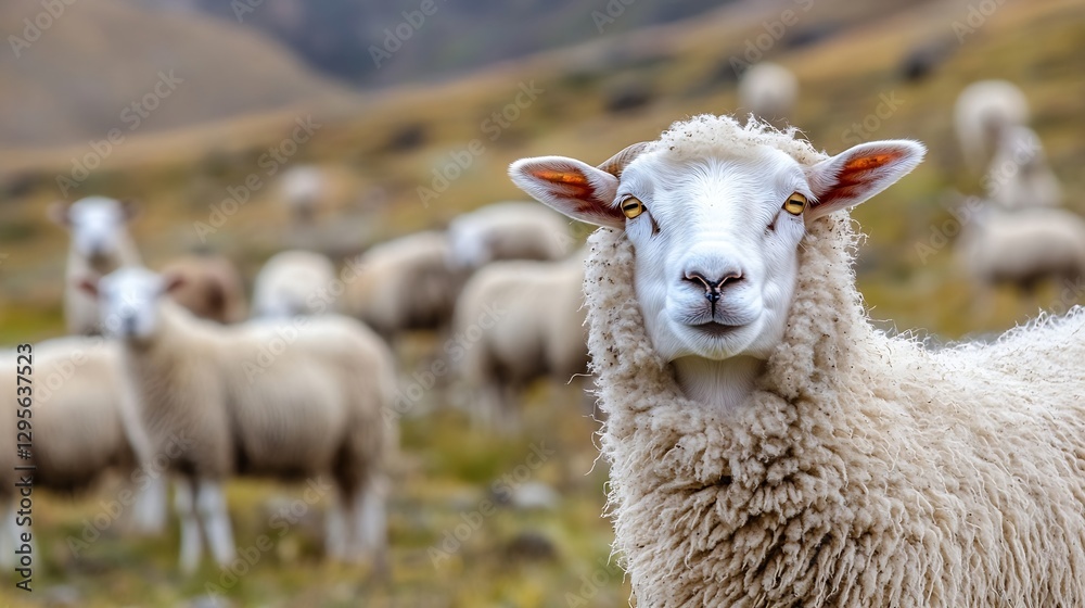 Poster charming sheep with a flock in a picturesque rural landscape under soft daylight : generative ai