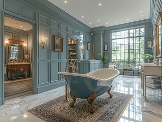 Luxurious blue bathtub, marble bath, garden view