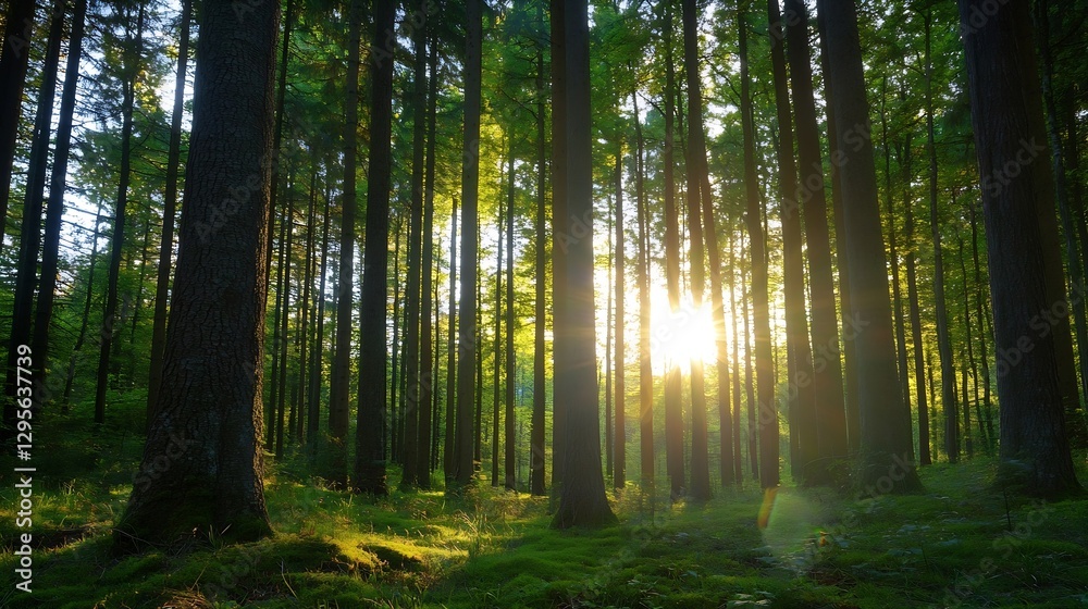 Poster Sunlight Filtering Through Tall Trees in a Lush Green Forest Creating an Enchanting Atmosphere : Generative AI