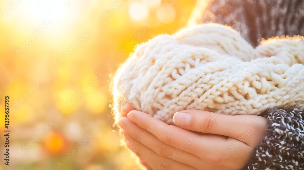 Poster Warm hands cradling a chunky knit item in a golden sunset highlighting feelings of warmth and connection : Generative AI