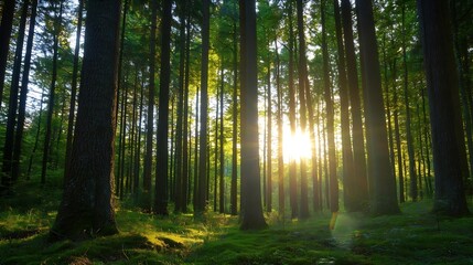 Sunlight Filtering Through Tall Trees in a Lush Green Forest Creating an Enchanting Atmosphere : Generative AI