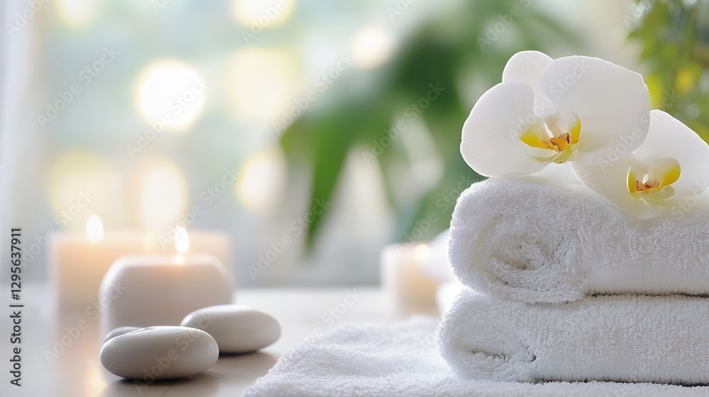 Poster luxurious spa setup with soft towels and white orchids for a peaceful relaxation experience : genera