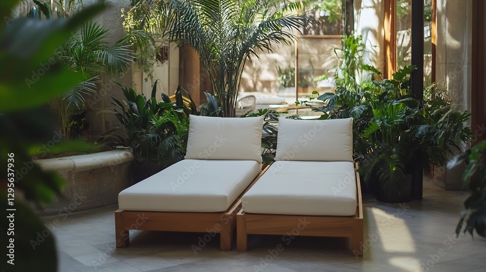 Poster stylish and serene sunbeds surrounded by lush greenery in a calming indoor environment : generative 