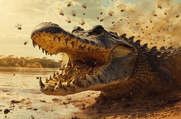 Fototapeta premium Ferocious Alligator Surrounded by Swarming Bees in a Dynamic Natural Setting by the Water's Edge at Sunset