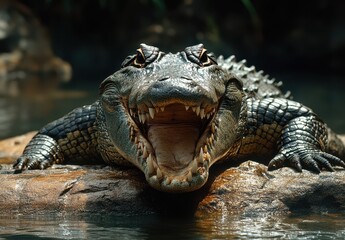 Obraz premium Fierce Alligator Displaying Sharp Teeth and Open Mouth While Resting on a Rock in a Lush Natural Habitat With Calm Water Background
