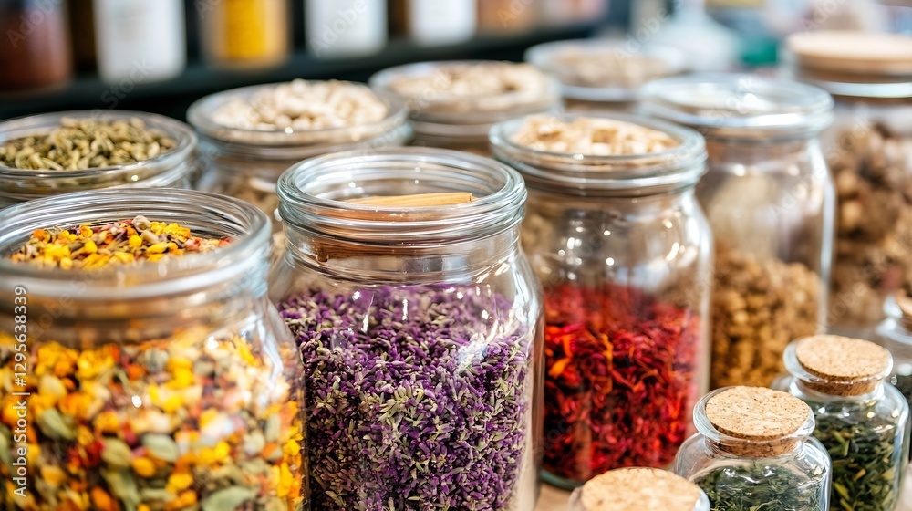 Poster variety of colorful herbs and spices in transparent jars displayed on a wooden table : generative ai