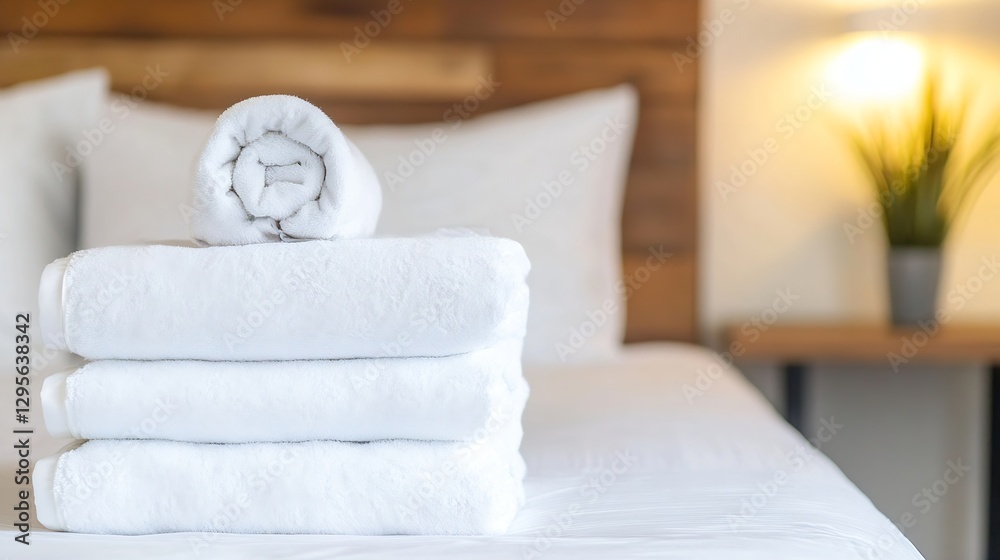 Poster stacked white towels on a bed with comfortable environment : generative ai