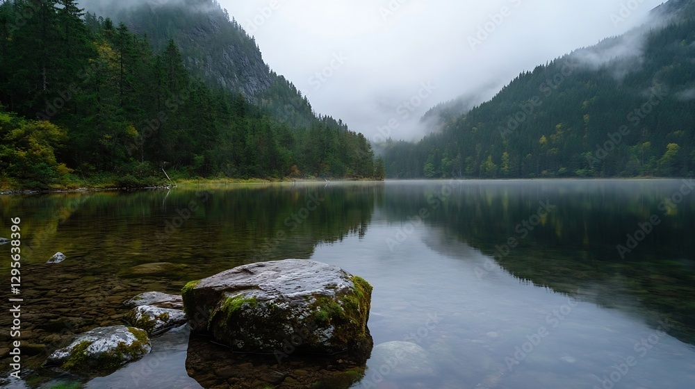 Poster serene mountain landscape reflecting in calm lake surrounded by green trees and misty hills : genera