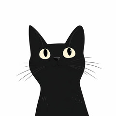 A stylized illustration of a black cat with wide, bright eyes and a curious expression, set against a clean, white background.