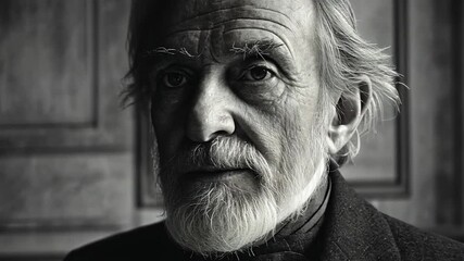 Black and white portrait of an elderly man with a white beard and deep, thoughtful eyes, evoking a scholarly presence reminiscent of historical scientists. Darwin - Powered by Adobe
