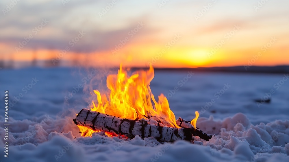 Poster beautiful flames erupting from logs on a snowy ground with a glorious sunset over the horizon : gene