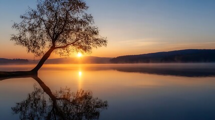 Breathtaking Sunrise Over Calm Lake Featuring Silhouette of Tree Reflected in Water With Soft Mist : Generative AI