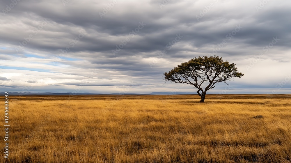 Poster Lonely Tree in Open Field with Dramatic Clouds and Golden Grass Landscape : Generative AI