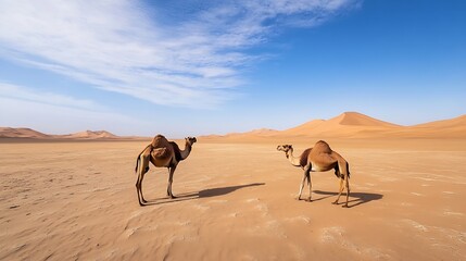 Two Camels Strolling Through an Arid Desert Landscape Under a Bright Blue Sky : Generative AI