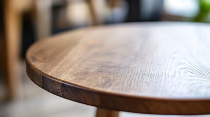Obraz premium Closeup view of a round wooden table revealing its texture and craftsmanship in a cozy setting : Generative AI