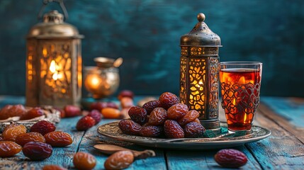 Ramadan dates, fruit, and beverages with a lantern on a plain background