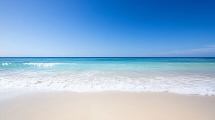 Fototapeta premium Beautiful Tropical Beach Scene with Clear Blue Water Lapping Gently on Sandy Shoreline : Generative AI