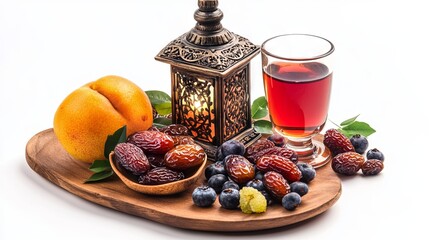 Ramadan dates, fruit, and beverages with a lantern on a plain background