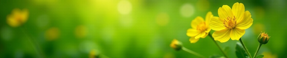 Fototapeta premium Elegant primrose flowers on lush green background with soft focus, vibrant, spring, beauty