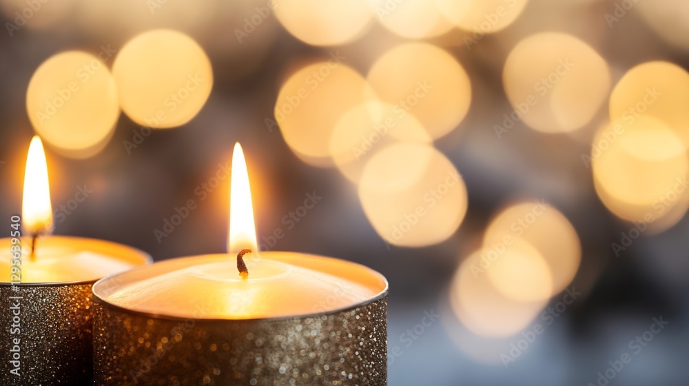Poster serene candle flames glowing softly against a backdrop of sparkling bokeh lights creating a warm and