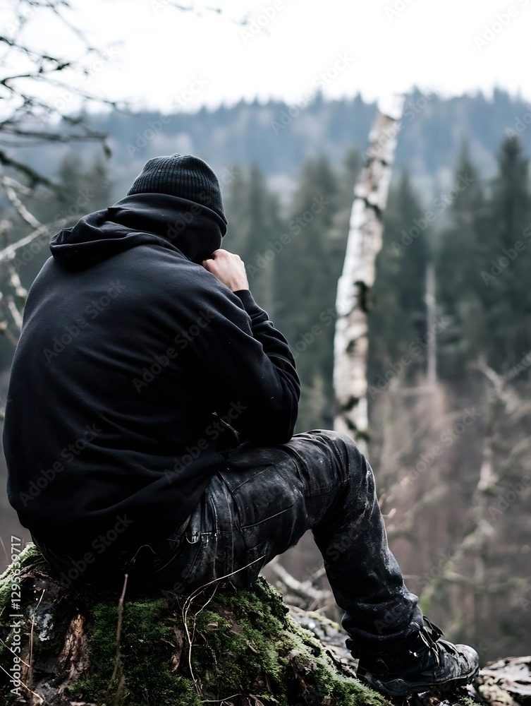 Aufkleber Contemplative man sitting on a log in a serene forest setting surrounded by nature : Generative AI