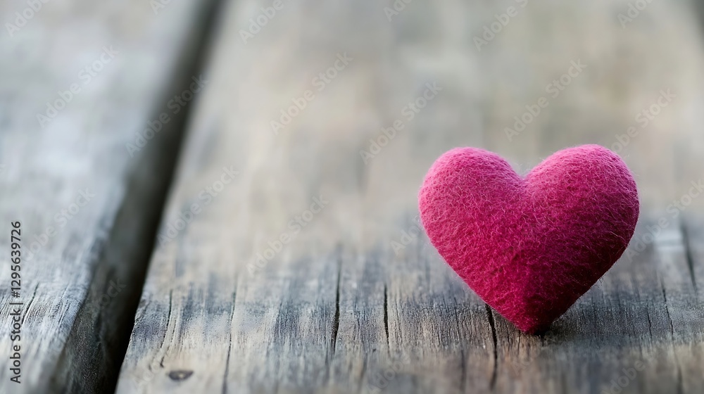 Poster a vibrant felt heart placed on rustic wooden boards symbolizing love and affection in a serene setti