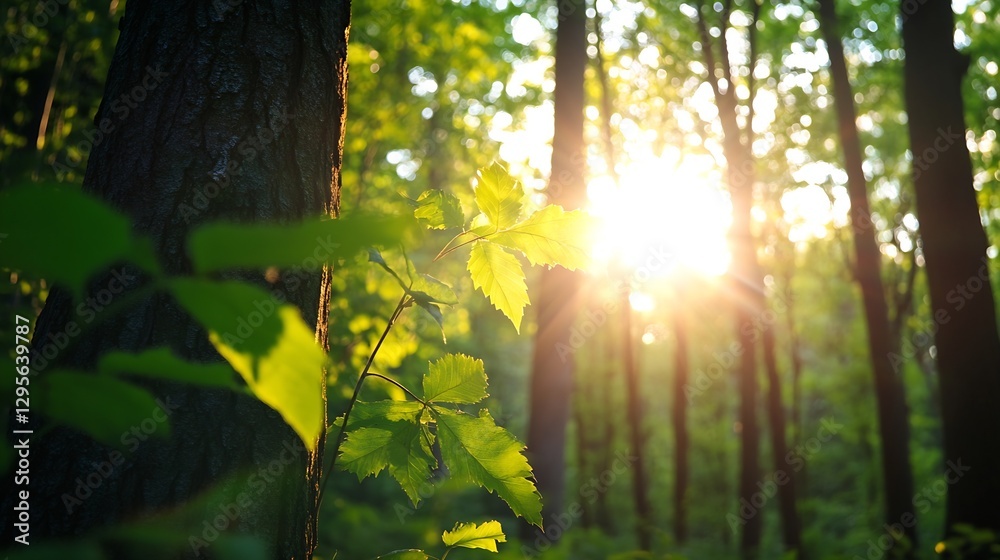Poster Sunlight Shining Through Green Leaves in Dense Forest Creating a Magical Atmosphere : Generative AI