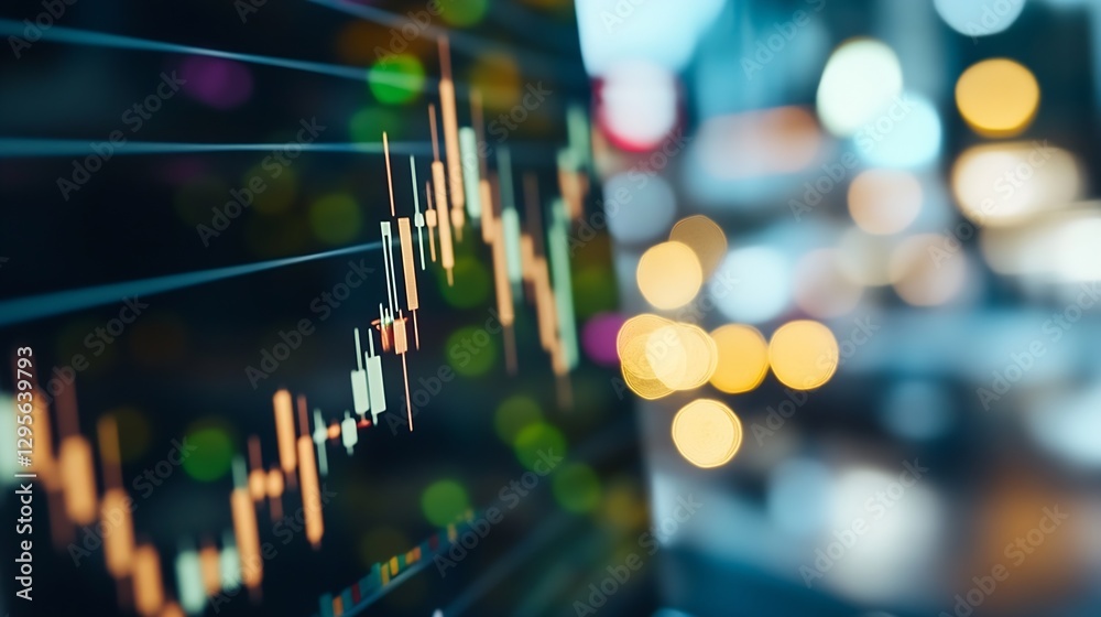 Poster Engaging stock market chart showing upward trend with colorful bokeh lights in the background emphasizing financial growth : Generative AI