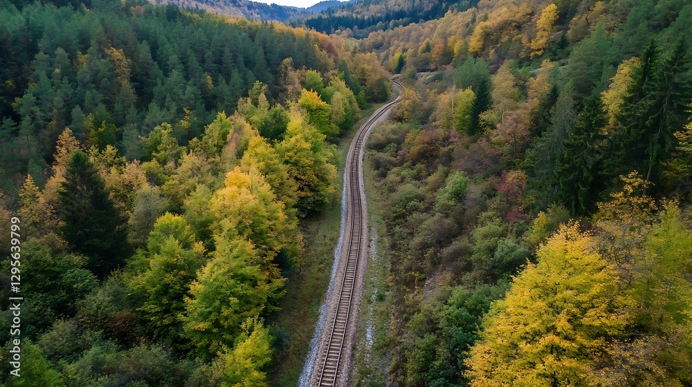 Poster aerial view of curved train tracks running through a colorful forest in autumn season : generative a