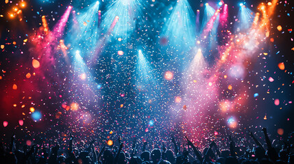 summer concerts music tickets. Vibrant stage lights with confetti celebrating an energetic event.