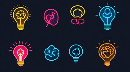 Neon lightbulb icons depicting ideas, innovation, and creativity.