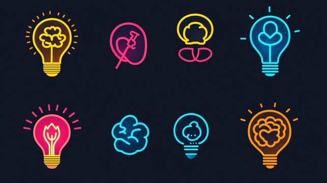Neon lightbulb icons depicting ideas, innovation, and creativity.