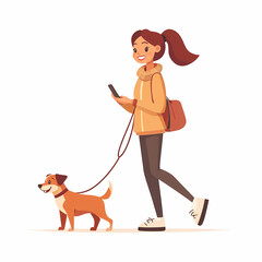 Cartoon of a happy woman walking a dog while using a phone. They are enjoying a walk together on a sunny day.  